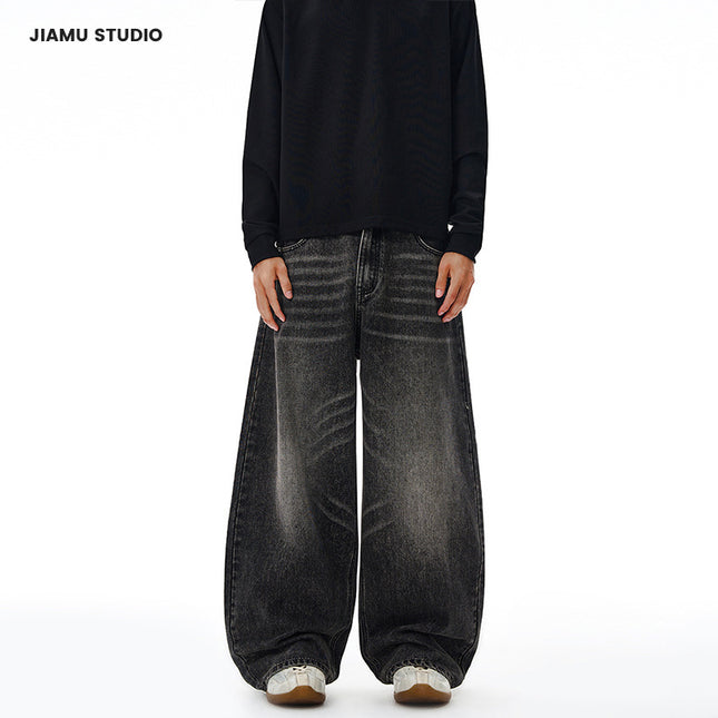 Jiamu American High Street Three-Color Baggy Jeans Unisex Loose Wide-Leg Scimitar Jeans Men's and Women's Silhouette
