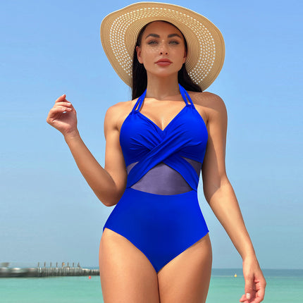2025 New European and American Amazon Cross-Border One-Piece Swimsuit Solid Color Mesh Bikini Quick-Dry