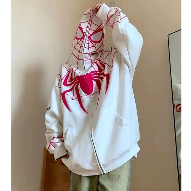 American Style Fried Street Spider Embroidered Zipper Cardigan Sweater Men's and Women's Autumn Loose Couple's oversize Hooded Jacket