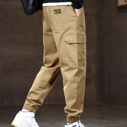 Autumn thick men's loose drawstring multi-pocket overalls fashion brand cotton leggings casual pants in stock