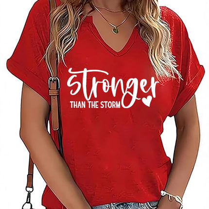 Amazon Cross-Border Spring and Summer New Product V-Neck Rolled Sleeves Stronger Than the Storm Letter Print