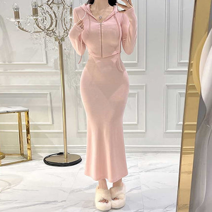 South Korea Dongdaemun Slim-fit Sexy Spice Girl Figure Short Hooded Jacket Sheath Fishtail Dress suit Women