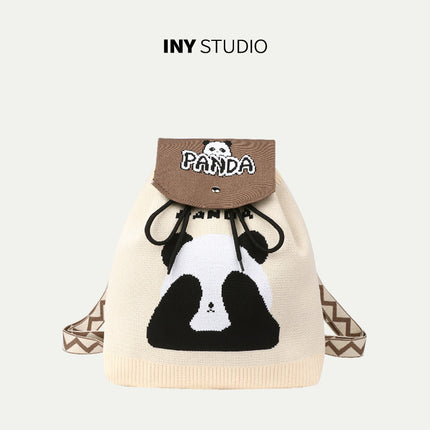 Grandpa Panda Cartoon Knitted Bag Women's Handbag Spring and Summer Popular Large Capacity Shoulder Drawstring Bag Versatile Backpack
