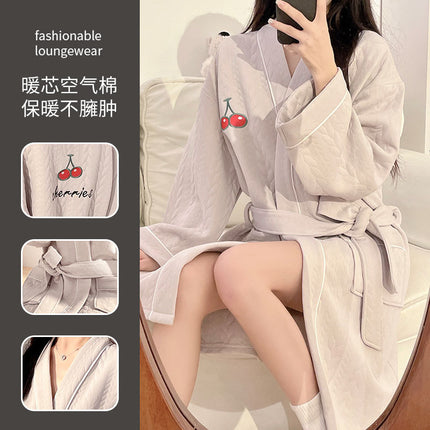 Nightgown Autumn and Winter Women's Long-Sleeved Air Quilted Thin Home Clothes Bathrobe Air Cotton Mid-Length Dressing Gown Bath Towel