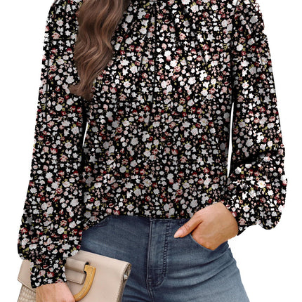 European and American Amazon Cross-Border Autumn and Winter New Long-Sleeved Shirt Small Stand-Up Collar Pleated Front Shirt Casual T-Shirt Top for Women