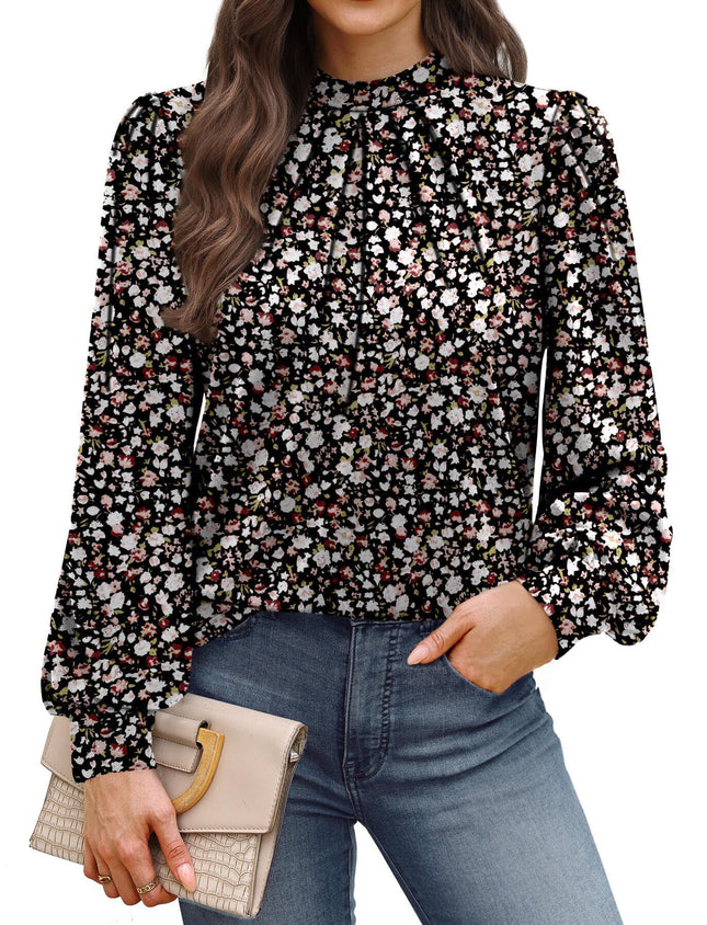 European and American Amazon Cross-Border Autumn and Winter New Long-Sleeved Shirt Small Stand-Up Collar Pleated Front Shirt Casual T-Shirt Top for Women