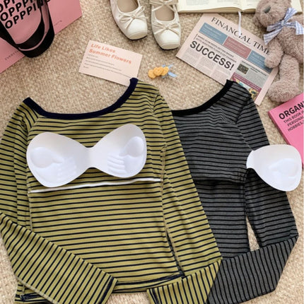 Autumn and Winter Sexy Style Striped Off-Shoulder Long-Sleeve Women's Short Slim-Fit Top with Removable Chest Pads Versatile Top