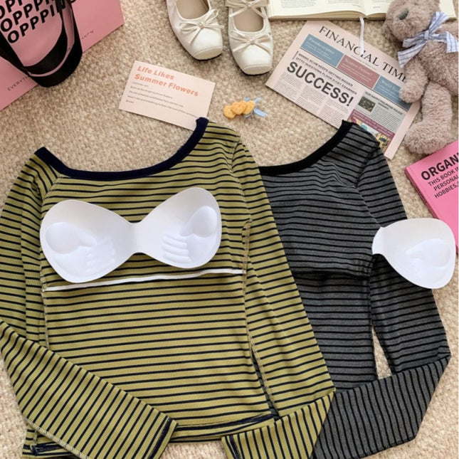 Autumn and Winter Sexy Style Striped Off-Shoulder Long-Sleeve Women's Short Slim-Fit Top with Removable Chest Pads Versatile Top