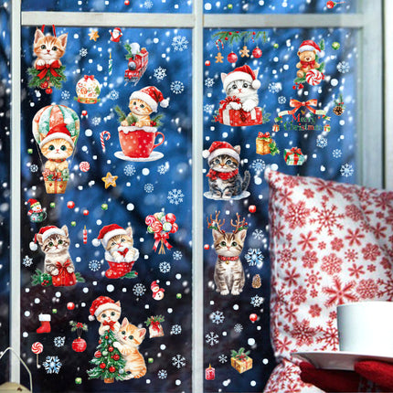Cross-border New Cute Christmas Cat Balloon Gift Snowflake Glass Stickers Christmas Shopping Mall Glass Door Decorative Stickers