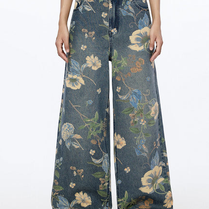 Unisex American High Street Floral Wide-Leg Jeans Printed Loose Fit Nine-Point Two Wide-Leg Floor-Length Pants