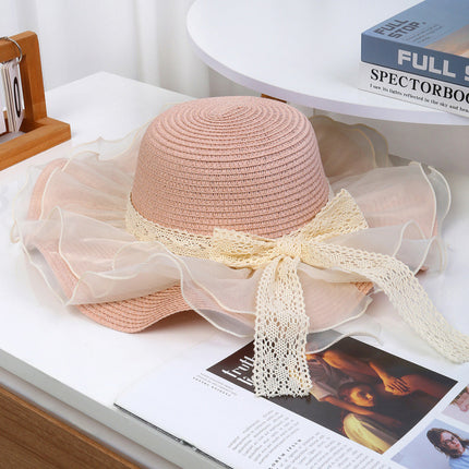 [Great Value] French Style Socialite Flat Top Hat 2025 New Summer Elegant Pearl String Sunshade Woven Straw Hat