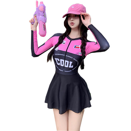 Korean style swimsuit new dopamine pink one-piece skirt swimsuit women's long sleeve sun protection conservative women's swimsuit wholesale