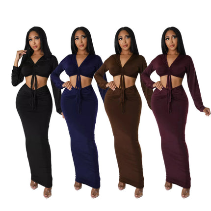 9966 cross-border Europe and the United States Amazon hooded crop top sexy high waist step skirt two-piece set