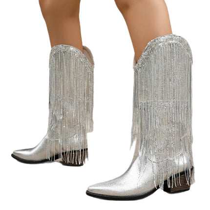 Women's Mid-Calf Boots Double-Layer Tassel Autumn and Winter Thick Heel High Heel Sleeve Western Cowboy Boots Women's Knight Boots Gold Silver Tip