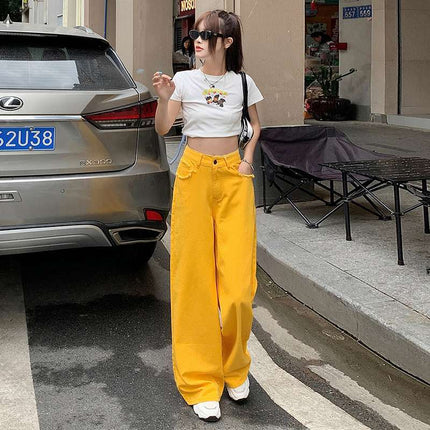 Wholesale Dropshipping Trendy Spring Lemon Yellow Casual Women's Straight Loose Wide-Leg Floor-Length Lazy Style Jeans