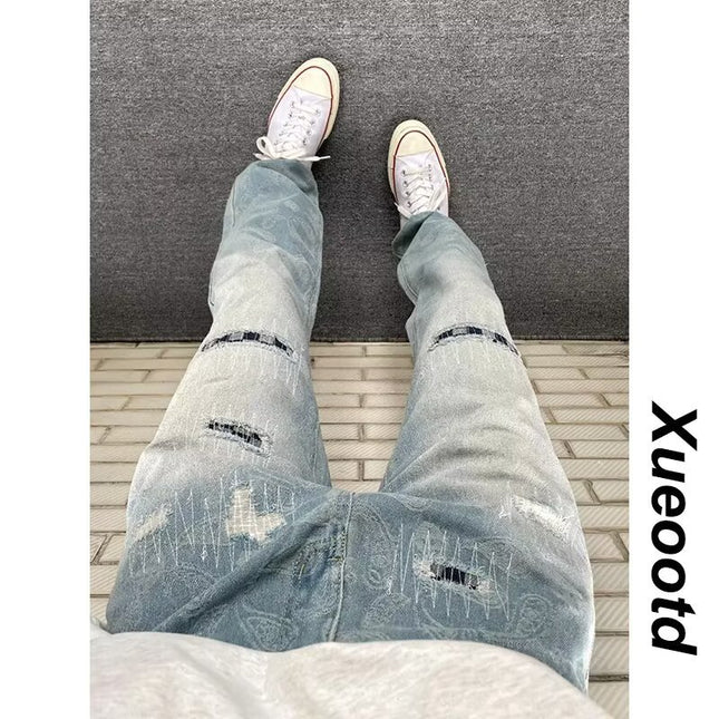 European and American High Street Vibe Retro Paisley Jeans for Men and Women with Ripped Patches, Unique Design, Slimming and Eye-Catching Street Style Pants