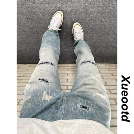 European and American High Street Vibe Retro Paisley Jeans for Men and Women with Ripped Patches, Unique Design, Slimming and Eye-Catching Street Style Pants