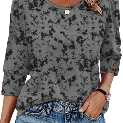 50 Colors Cross-Border European and American Amazon Spring and Summer New Printed T-Shirts with Cuff Buttons, Casual Versatile Vacation Women's Clothing