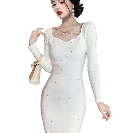 Cross-border 2022 Fashion New Style Celebrity Elegant Square Collar Diamond Ornaments Chain Slim-fit Slimming Nail Drill Long-sleeved Dress for Women