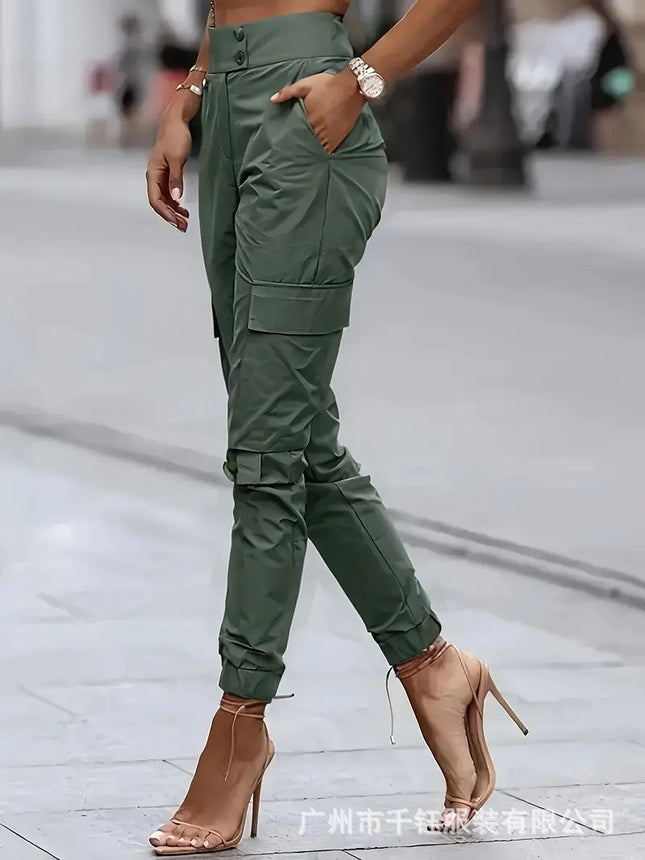 Women S High Waist Double Button Cargo Pants - Olive Green Polyester Machine Washable, All Season Casual Workwear
