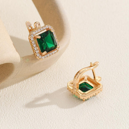 Fashionable Emerald Copper Inlaid Zircon Earrings Small Retro Accessible Luxury Geometric Square Zircon Earrings for Women
