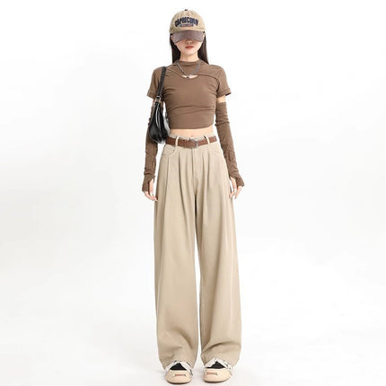 White High Waist Straight Jeans Women's Fashionable All-match Korean Style Pleated Design Sense Loose Slimming Pants