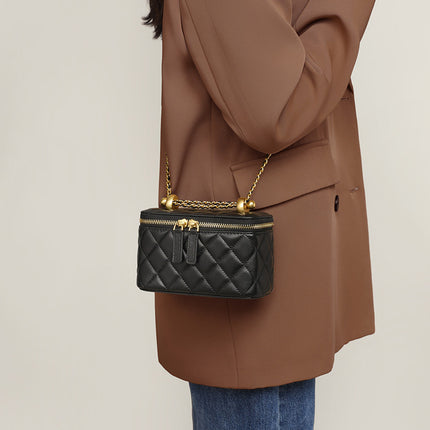 Spring and Summer Chanel Style Gold Ball Diamond Plaid Chain Bag Genuine Leather Women's Bag 2024 New Mini Lipstick Box Bag Crossbody Bag
