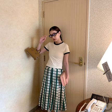 Ovinsyang Green Plaid Skirt Women's Summer Design Niche Preppy Style Outfit a Line
