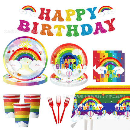 Cross-border Rainbow Party Paper Plate Paper Towel Tablecloth Neon Party Tableware suit Rainbow Birthday Party Decorations