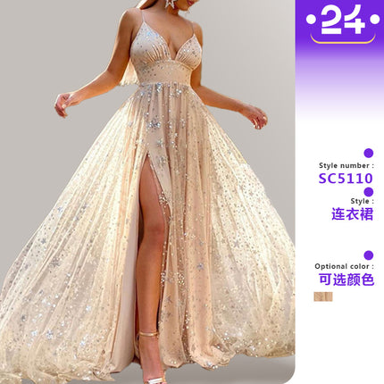2025 Amazon Style Suspender Waist Slit Sparkling Floor-Length Long Skirt Dress Women's Dress Style