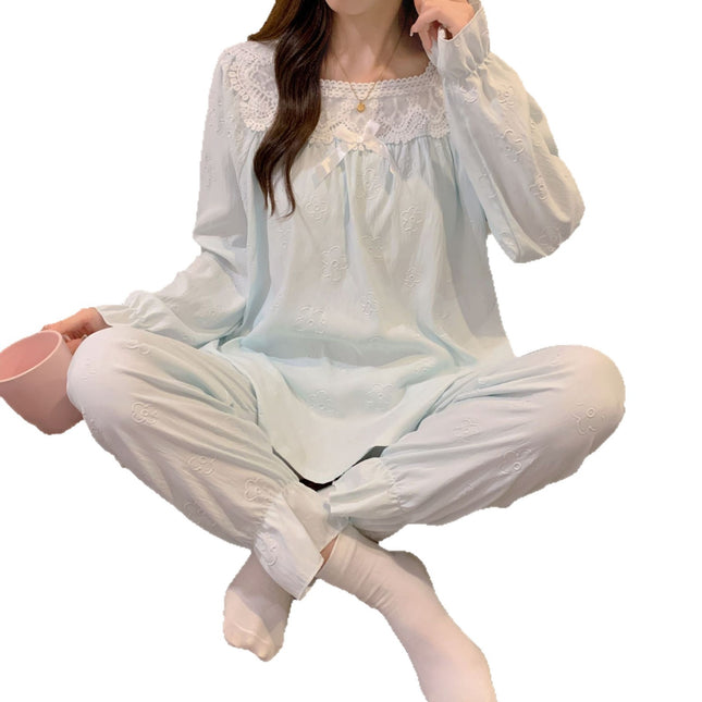 Pajamas with Breast Pads for Women, Autumn Princess Style Pullover Lace Long-Sleeved Pants, Cloud Cotton Suit, Girl's Home Clothes