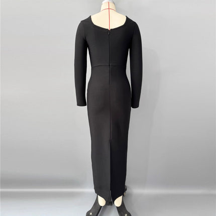 Cross-Border European and American New Hot-Selling Bandage Dress Heavy-Duty Nail Drill Slim Long-Sleeved High-Definition Evening Dress for Women