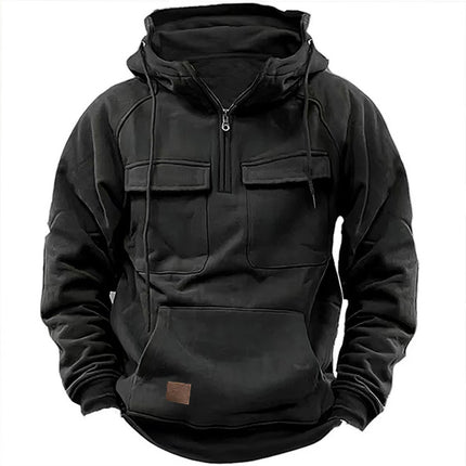 Cross-Border Men's Half-Zip Hooded Sweatshirt, Retro Workwear with Multiple Flap Pocket Pantss, Loose Casual Pullover Hoodie