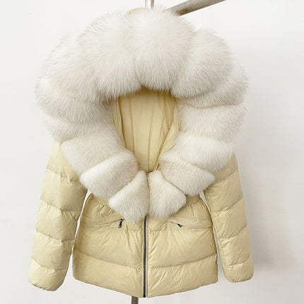 25 New Foreign Trade Hot Style Short Women's Real Fox Fur Collar down Jacket Thickened Slim Waist Fur down Jacket