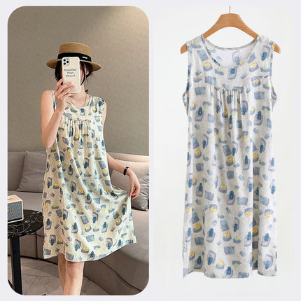 Summer Cotton Silk Nightgown for Women Thin Artificial Cotton Floral Sleeveless Korean Style Loose Large Size Home Wear Pajamas Vest Dress