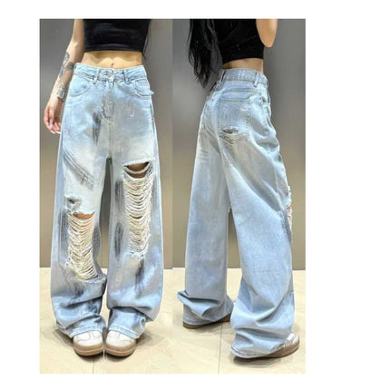 Trendy High-Waisted Ripped Wide-Leg Jeans for Women, Summer 2025 New Style, Slimming and Floor-Length