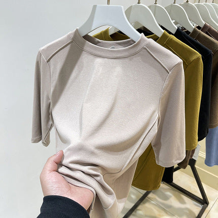 Fishbone Short-Sleeved T-Shirt for Women 2025 Spring New Design Sense of Design Slimming Look Elastic Mid-Sleeve Top T-Shirt