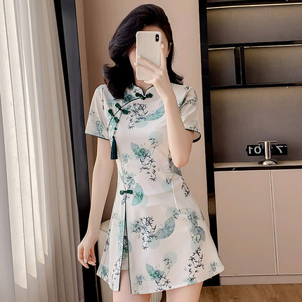 Real Shot of Summer New Improved Cheongsam New Chinese Style Tassel Dress Shorts Two-Piece Set Solid Color Mercerized