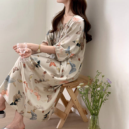 Mishiti Cotton Silk New Chinese Style Short-Sleeved Nightgown for Women, Summer Thin Style, National Style Cotton Silk Home Wear, Can Be Worn Outside
