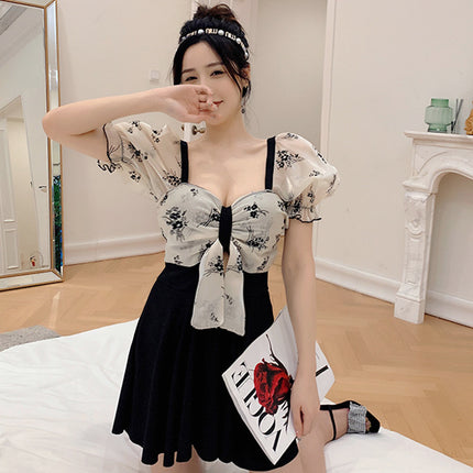 New Arrival Swimsuit Women's Pure Desire Retro Dress Belly-Covering Slimming Floral Bow Girl's Holiday Swimsuit