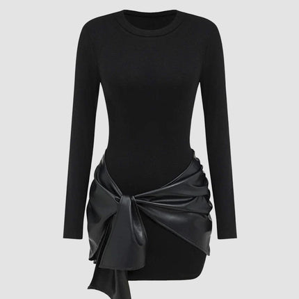 2025 European and American Amazon Women's Pure Color Long-Sleeved Mini Dress + Front Lace-Up Pu Decoration