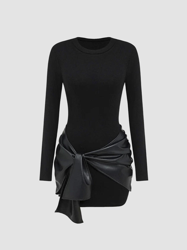 2025 European and American Amazon Women's Pure Color Long-Sleeved Mini Dress + Front Lace-Up Pu Decoration