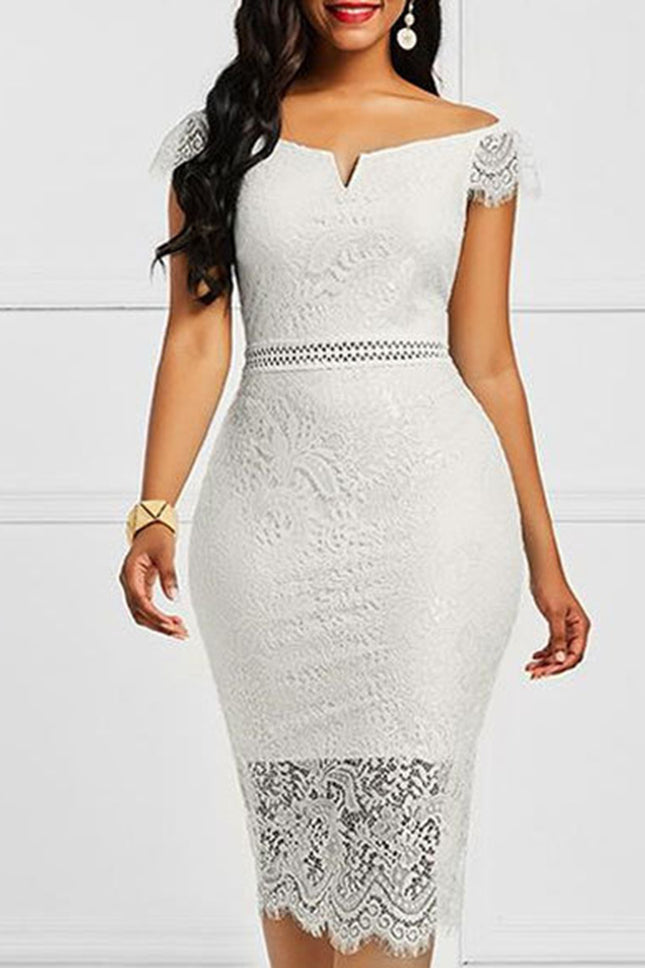 Factory Ready-Made Cross-Border European and American Evening Dress Short-Sleeved V Neck Off-Shoulder Sexy Mid-Length Hip-Hugging Lace Dress Wholesale