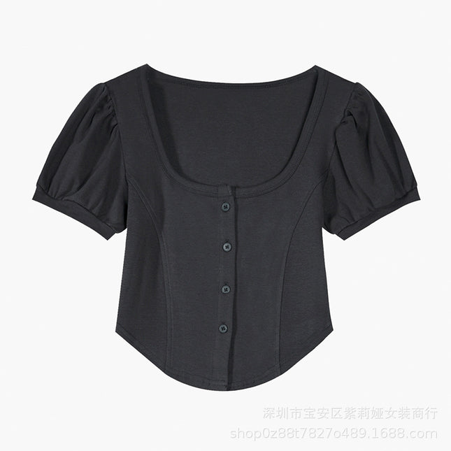 [Guangzhou upper board official map, avoid complaints of stolen map] sweet sister design short square collar short sleeve women's top tide