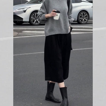 Black Three-Quarter Woolen Pants for Women, Loose Wiring, 2025 Autumn and Winter New Style, Relaxed Tone, Thickeneded Casual Wide-Leg Pants