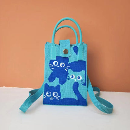 New Woven Simple Fashion Mobile Phone Bag Cute Cartoon Cat Knitted Bag Women's Small Square Bag Color Heart