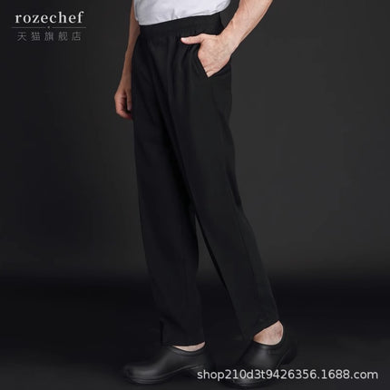 Chef Pants Black Straight-Leg Loose Breathable Work Pants for Kitchen Staff Men and Women Elastic Waist