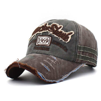 Distressed Washed Baseball Cap for Men and Women Torn Edge Retro Peaked Cap with Letters 1969 Embroidered Baseball Cap Sun Hat