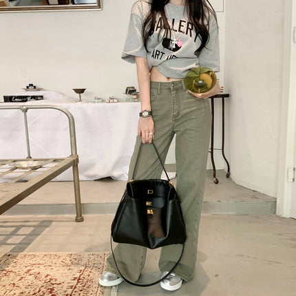 OREETA, Niche Washed Green All-match Crowd Pants 2024 Trendy Brand Pure Cotton American Slim Micro-fit Crowd Pants