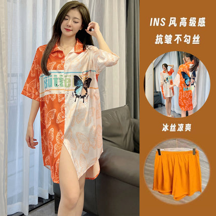 Summer New Style Fashionable Pure Lust Sexy Ice Silk Shirt Pajamas Loose High-End Home Wear Suit for Women